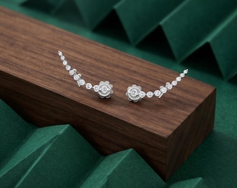 Round Moissanite Diamond Ear Climber Earrings In 14K White Gold, Curved Floating Diamond Ear Jacket, Minimalist Studs,Dainty Bridesmaid Gift
