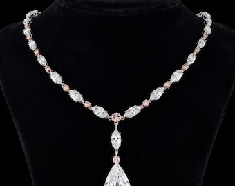 Pear And Marquise Cut CZ Stone Bridal Necklace, Wedding Jewelry, 925 Silver Teardrop Necklace, Anniversary Gift For Wife, Mother's Day Gift