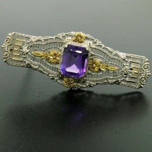 Amethyst Gemstone Art Deco Brooch, Purple Emerald CZ Stone Wedding Brooch, Openwork Filigree Mid-Century Brooch, Floral Motif Retro Brooch