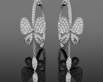 Butterfly Hoop Dangle Earrings, In-Outside Moissanite Diamond Clip On Hoops, 14K Gold Insect-Bug Jewelry, Butterfly Drop Earring For Women