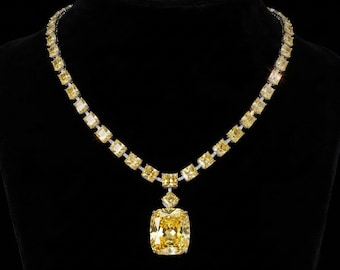 Yellow Cushion Cut CZ Stone Heavy Necklace, 925 Silver Gemstone Necklace, Wedding Engagement Necklace For Bride, Women's Party Wear Necklace