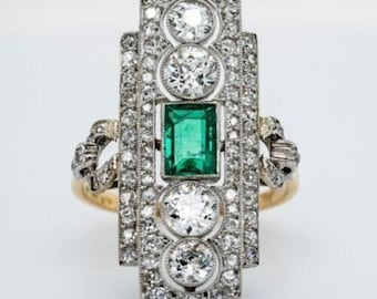 Antique Art Deco Lozenge Dinner Ring For Her, Green Emerald & Old European Cut CZ Stone Victorian Ring, Edwardian Wedding Engagement Ring
