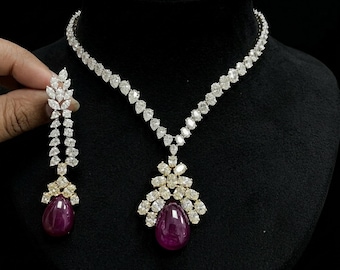 Ruby Cabochon Necklace Set, Multi Shape CZ Stone Bridal Jewelry, 925 Silver Teardrop Necklace With Earrings Set, Luxury Party Wear Necklace