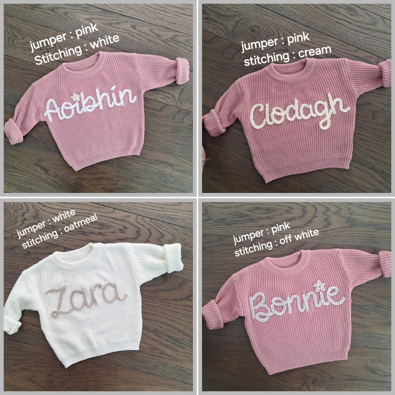 Gepersonaliseerde geborduurde babysweater babynaam Trui Aangepast borduurwerk Gepersonaliseerde gebreide trui Gebreid sweatshirt met babynaam afbeelding 7