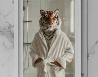 Tiger in Bathrobe Digital Print Download | Printable Wall Art | Bathroom Decor | Wall Art Poster | Anthropomorphic Animal Portrait