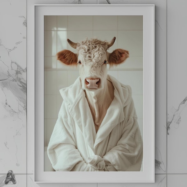 Cow in Bathrobe | Digital Download | Bathroom Decor | Art Print | Wall Poster | Anthropomorphic Animal Art