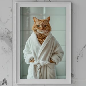 Gato en albornoz / Descarga digital / Decoración del baño / Impresión de arte / Póster de pared / Arte animal antropomórfico
