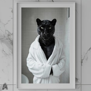 Panther in Bathrobe Digital Print Download | Printable Wall Art | Bathroom Decor | Wall Art Poster | Anthropomorphic Animal Portrait