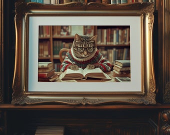 Cat Librarian Digital Print Download | Printable Wall Art | Wall Decor Animal | Art Print | Wall Art Poster | Animal Professions