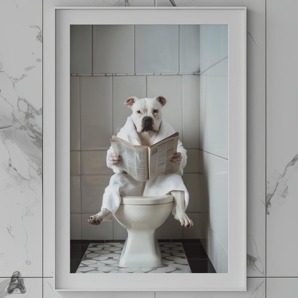 American Bully Dog Sitting on a Toilet | Digital Download | Bathroom Decor | Art Print | Wall Poster | Anthropomorphic Animal