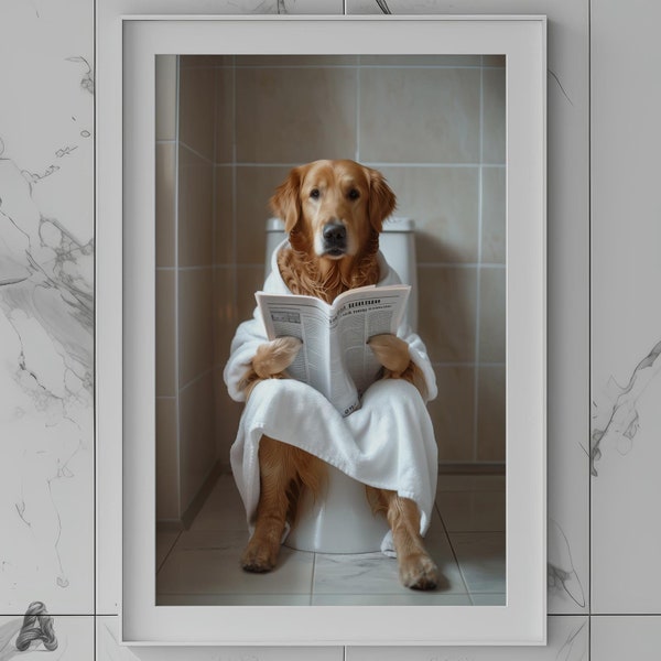 Golden Retriever Dog Sitting on a Toilet | Digital Download | Bathroom Decor | Art Print | Wall Poster | Anthropomorphic Animal