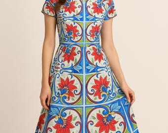 Silky Satin Fabric: Majolica Sicilian Tile Print