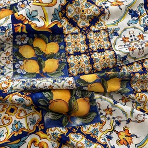Lemon Tile Linen Fabric: Mediterranean Print, Apparel & Decor