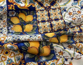 Lemon Print Linen Fabric: Mediterranean Tile Pattern, Natural Apparel & Decor