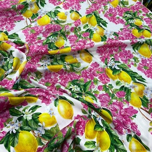 Lemon Print Silky Satin Fabric: Dressmaking Material By The Yard