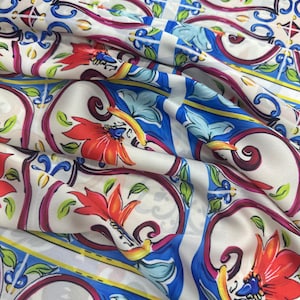 Sicilian Majolica Print Silky Satin Fabric: Glossy Dress Fabric