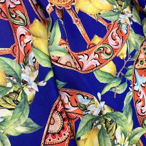 Lemon Print Blue Silky Satin Fabric: Dressmaking Material By the Yard