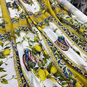 Sicilian Tile Linen Fabric: Mediterranean Style Print, Upholstery & Apparel