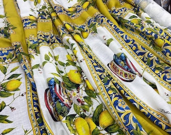 Sicilian Tile Linen Fabric: Mediterranean Style Print, Upholstery & Apparel
