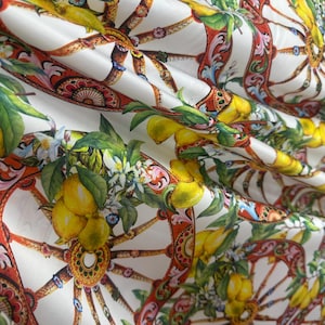 Lemon Print Silky Satin Fabric: Dressmaking Material By The Yard
