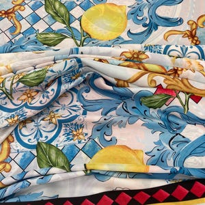 Lemon Print Silky Satin Fabric: Dressmaking Material By The Yard