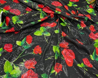 Red Rose Sequin Fabric: 2-Way Stretch Sparkly Material