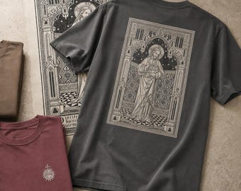 Sacred Heart of Jesus Heavyweight Unisex Tee · Embroidered Front, Graphic Back