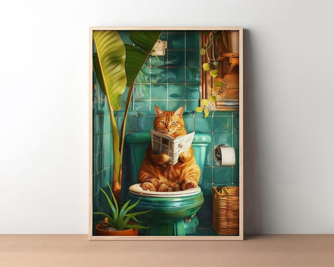 Orange Cat on Toilet Bathroom Print Toilet Wall Art, Funny Cat Poster ...