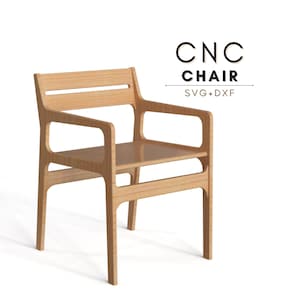 Puede incluir: Una silla de madera marrón claro con reposabrazos. La silla tiene un asiento y respaldo rectangulares con una lama horizontal. El texto "CNC CHAIR SVG+DXF" se muestra en negro.