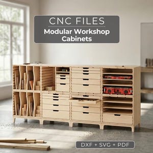 May include: Modular workshop cabinets made of light-colored wood. The cabinets have multiple drawers and open storage spaces. The image includes the text "CNC FILES Modular Workshop Cabinets" and "DXF + SVG + PDF".