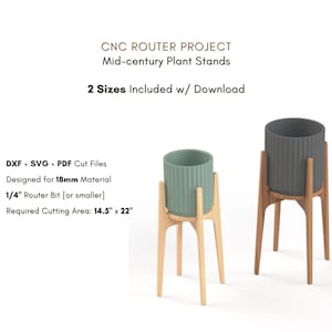 CNC router files woodworking project: mid-century modern plant stand design in two sizes. Use DXF or SVG files to cut on hobby CNC routers with small workbeds. Includes PDF plans and printable full-scale pdf templates and exploded drawings. Designed for 18mm plywood, bamboo, or solid wood. Perfect CNC project for indoor or outdoor decor or beginner friendly furniture builds. Cnc router files, woodworking plans plant stand indoor, wood plant stand outdoor, DIY corner plant stands
