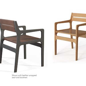Downloadable Digital Furniture CNC router files for a modern chair with arms. Great CNC project for woodworkers building dining chairs or accent chairs. Includes CNC chair plans, digital furniture files, and instructions for CNC routers. Ideal for anyone searching for cnc files chair, cnc dining chair, or montessori chair builds. Chair seat and backrest can be wrapped with leather or fabric, and finished in matte black, natural finish, or any color.