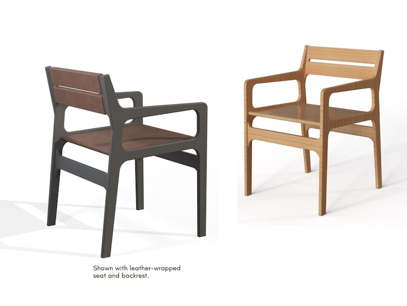 Downloadable Digital Furniture CNC router files for a modern chair with arms. Great CNC project for woodworkers building dining chairs or accent chairs. Includes CNC chair plans, digital furniture files, and instructions for CNC routers. Ideal for anyone searching for cnc files chair, cnc dining chair, or montessori chair builds. Chair seat and backrest can be wrapped with leather or fabric, and finished in matte black, natural finish, or any color.