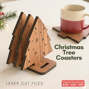 Archivos cortados con láser - Juego de posavasos para árbol de Navidad con soporte, decoración moderna de invierno (SVG, DXF)
