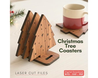 Archivos cortados con láser - Juego de posavasos para árbol de Navidad con soporte, decoración moderna de invierno (SVG, DXF)