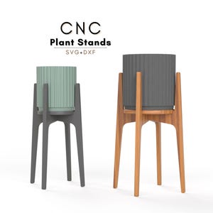Mid-century modern CNC wood plant stand design for indoor or outdoor use. Digital download includes CNC router files in DXF and SVG vector file formats, plus printable PDFs for templates. Two sizes included, perfect for plywood furniture projects. Great flat pack CNC project for hobbyists using 18mm material. Compatible with small CNC routers. Wood Plant Stand Indoor cnc router files, plant stand plans, cnc projects, flat pack plywood furniture diy plant decor woodworking plans.
