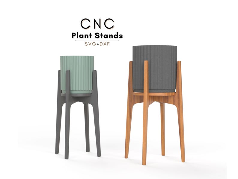 Mid-century modern CNC wood plant stand design for indoor or outdoor use. Digital download includes CNC router files in DXF and SVG vector file formats, plus printable PDFs for templates. Two sizes included, perfect for plywood furniture projects. Great flat pack CNC project for hobbyists using 18mm material. Compatible with small CNC routers. Wood Plant Stand Indoor cnc router files, plant stand plans, cnc projects, flat pack plywood furniture diy plant decor woodworking plans.
