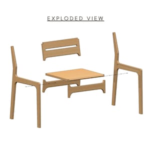 Exploded view of CNC chair project. Digital furniture files designed for CNC router use. Includes CNC router files and detailed cut paths. Great CNC project for makers building a stylish, comfortable chair. Perfect for woodworking, small-batch production, or Montessori-style furniture builds.