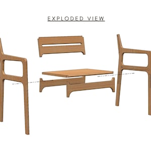 Exploded view of CNC chair project. Digital furniture files designed for CNC router use. Includes CNC router files and detailed cut paths. Great CNC project for makers building a stylish, comfortable chair. Perfect for woodworking, small-batch production, or Montessori-style furniture builds.