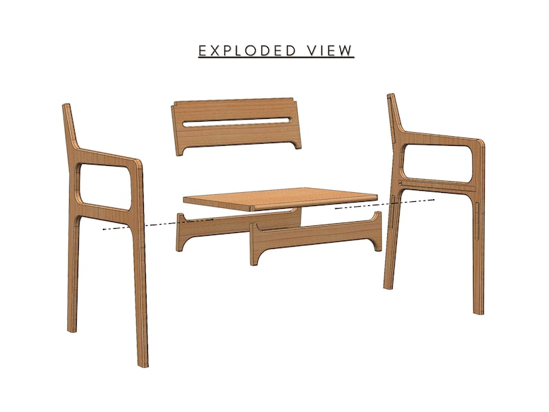 Exploded view of CNC chair project. Digital furniture files designed for CNC router use. Includes CNC router files and detailed cut paths. Great CNC project for makers building a stylish, comfortable chair. Perfect for woodworking, small-batch production, or Montessori-style furniture builds.