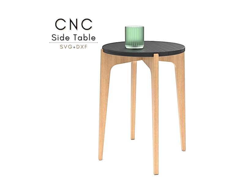 Small round end table woodworking project created with CNC router files in DXF, SVG, and PDF formats. Ideal as a bedside table, indoor plant stand, or stylish flat-pack furniture piece. Beginner-friendly CNC furniture plans optimized for plywood or solid wood. Perfect compact CNC project for hobby routers and small workshops, featuring modern interlocking joinery and hidden dog bones.