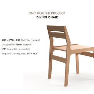CNC chair plans for a modern dining or accent chair with arms. Digital furniture files designed for CNC router use. Includes CNC router files and detailed cut paths. Great CNC project for makers building a stylish, comfortable chair. Perfect for woodworking, small-batch production, or Montessori-style furniture builds. Includes SVG and DXF cnc files.