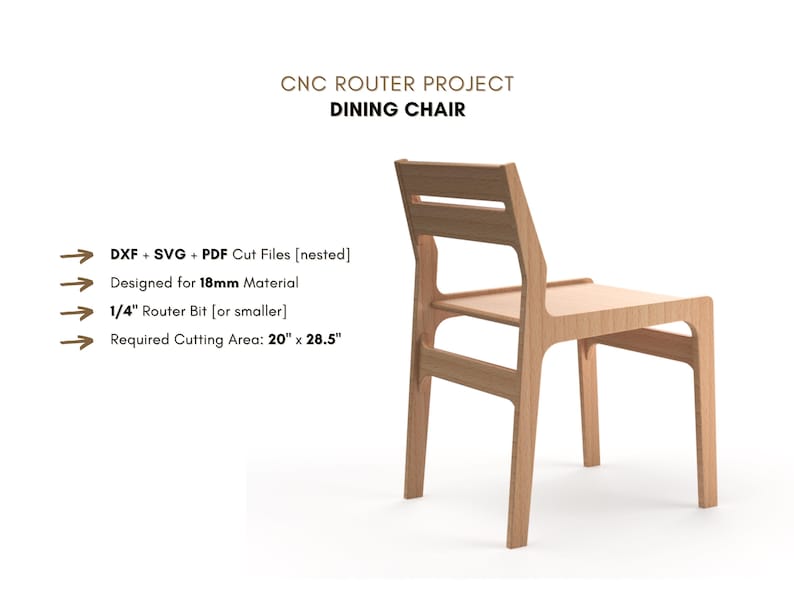 CNC chair plans for a modern dining or accent chair with arms. Digital furniture files designed for CNC router use. Includes CNC router files and detailed cut paths. Great CNC project for makers building a stylish, comfortable chair. Perfect for woodworking, small-batch production, or Montessori-style furniture builds. Includes SVG and DXF cnc files.