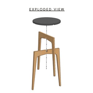 Exploded view for small round end table showing 3 total parts required to build this cnc project. Small round end table woodworking project created with CNC router files in DXF, SVG, and PDF formats. Ideal as a bedside table, indoor plant stand, or stylish flat-pack furniture piece. Beginner-friendly CNC furniture plans optimized for plywood or solid wood. Perfect compact CNC project for hobby routers and small workshops, featuring modern interlocking joinery and hidden dog bones.