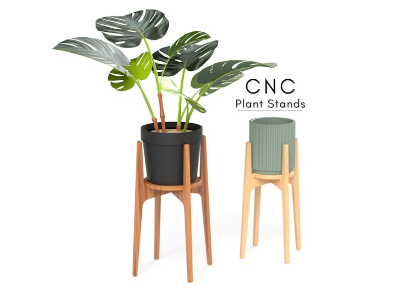 May include: Two wooden plant stands with a modern design. One stand holds a black pot with a large green plant, the other holds a light green pot. The stands have a mid-century modern style. The text "CNC Plant Stands" is visible.