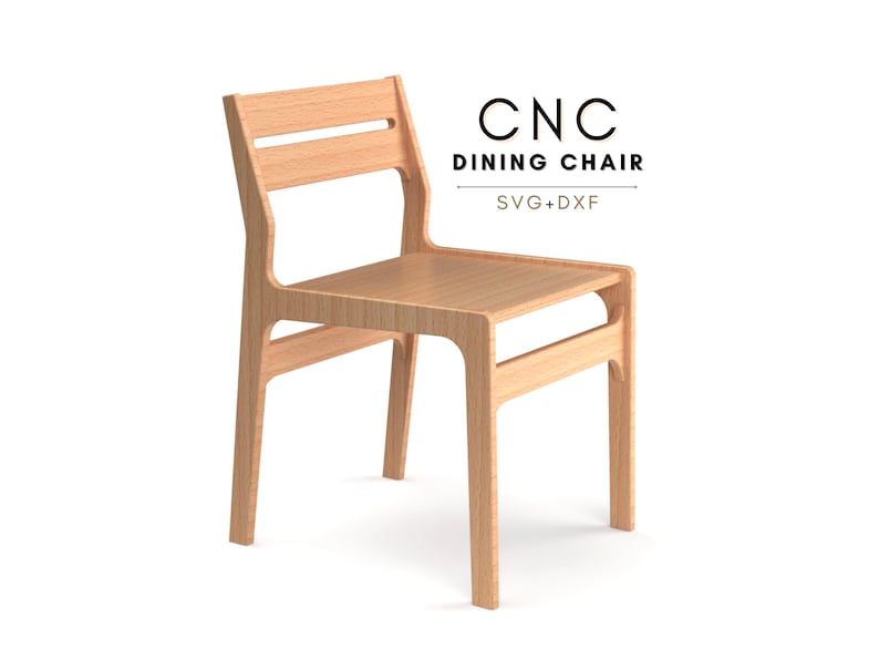 Digital CNC files for a dining chair CNC furniture project. Includes CNC chair plans for a sleek accent chair with arms. Ideal for makers or small businesses looking to build chairs with a CNC machine. Keywords include CNC router files, cnc dining chair, cnc projects, and montessori chair. Digital Download includes cnc files in .svg and .dxf formats. Chair project is designed to be cut on a cnc wood router, such as Inventables XCarve, Shapeoko, ShopBot cnc machines.