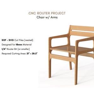 CNC chair plans for a modern dining or accent chair with arms. Digital furniture files designed for CNC router use. Includes CNC router files and detailed cut paths. Great CNC project for makers building a stylish, comfortable chair. Perfect for woodworking, small-batch production, or Montessori-style furniture builds. Includes SVG and DXF cnc files.