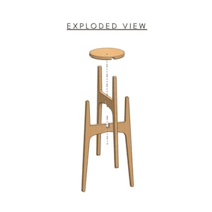 Exploded view of DIY wood Plant Stand: mid-century modern tall indoor plant stand in two sizes. Use DXF or SVG files to cut on hobby CNC routers with small workbeds. Includes PDF plans and printable full-scale pdf templates and exploded drawings. Designed for 18mm plywood, bamboo, or solid wood. Perfect CNC project for indoor or outdoor furniture or beginner friendly flat pack furniture plans. Cnc plant stand project files, DIY plant stand indoor, wood plant stand, DIY wood plant stands