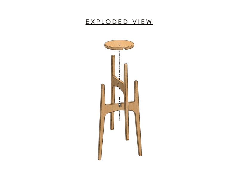 Exploded view of DIY wood Plant Stand: mid-century modern tall indoor plant stand in two sizes. Use DXF or SVG files to cut on hobby CNC routers with small workbeds. Includes PDF plans and printable full-scale pdf templates and exploded drawings. Designed for 18mm plywood, bamboo, or solid wood. Perfect CNC project for indoor or outdoor furniture or beginner friendly flat pack furniture plans. Cnc plant stand project files, DIY plant stand indoor, wood plant stand, DIY wood plant stands