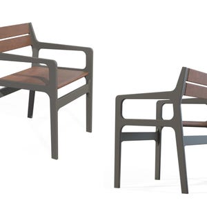 Digital CNC files for a CNC router dining chair project. Includes CNC chair plans for a sleek accent or lounge chair with arms. Ideal for makers or small businesses looking to build chairs with a CNC machine. Include CNC router files for a dining chair, cnc project plans, and instructions. Chair design shown is matte black wood with dark brown leather seat and backrest.